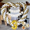 3rd Birthday Decoration Items for Golden and White Theme Combination for Boys Girls | 50 Pcs Gold White Balloon | White Birthday Banner | Balloon Pump | Arch Tape | Glue Dots