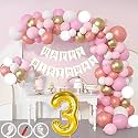 3rd Birthday Decoration Items for Pink and White Theme Combination for Girls| 50 Pcs Pink White Gold Rose Gold Balloon| White Birthday Banner| Balloon Pump| Arch Tape| Glue Dots