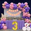 3rd Birthday Decoration Items for Pink and Purple Theme Combination for Girls Princes | 50 Pcs Pink Purple Gold Balloon | Pink Birthday Banner | Balloon Pump | Arch Tape | Glue Dots