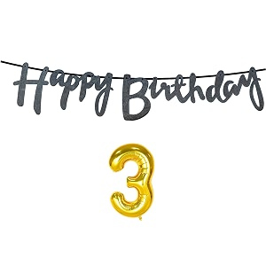 3rd happy birthday decoration kit black for 3 year old boys girls baby with number three decorations decor celebration items item set combo reusable cursive banner