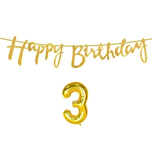 3rd happy birthday decoration kit golden for 3 year old boys girls baby with number three decorations decor celebration items item set combo reusable cursive banner