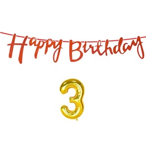3rd happy birthday decoration kit orange for 3 year old boys girls baby with number three decorations decor celebration items item set combo reusable cursive banner