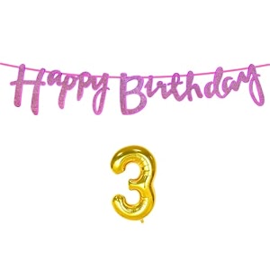 3rd happy birthday decoration kit dark pink for 3 year old boys girls baby with number three decorations decor celebration items item set combo reusable cursive banner