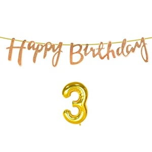 3rd happy birthday decoration kit rose gold for 3 year old boys girls baby with number three decorations decor celebration items item set combo reusable cursive banner
