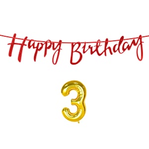 3rd happy birthday decoration kit red for 3 year old boys girls baby with number three decorations decor celebration items item set combo reusable cursive banner