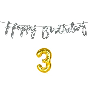 3rd happy birthday decoration kit silver for 3 year old boys girls baby with number three decorations decor celebration items item set combo reusable cursive banner