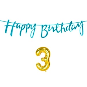 3rd happy birthday decoration kit blue for 3 year old boys girls baby with number three decorations decor celebration items item set combo reusable cursive banner
