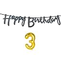 3rd Happy Birthday Decoration Kit Black for 3 Year Old Boys Girls Baby with Number Three Decorations Decor Celebration Items Item Set Combo Reusable Cursive Banner