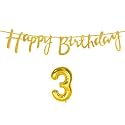 3rd Happy Birthday Decoration Kit Golden for 3 Year Old Boys Girls Baby with Number Three Decorations Decor Celebration Items Item Set Combo Reusable Cursive Banner