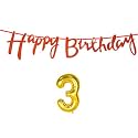 3rd Happy Birthday Decoration Kit Orange for 3 Year Old Boys Girls Baby with Number Three Decorations Decor Celebration Items Item Set Combo Reusable Cursive Banner