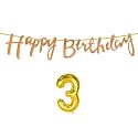 3rd Happy Birthday Decoration Kit Rose Gold for 3 Year Old Boys Girls Baby with Number Three Decorations Decor Celebration Items Item Set Combo Reusable Cursive Banner