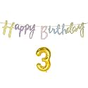 3rd Happy Birthday Decoration Kit Multicolour for 3 Year Old Boys Girls Baby Multicolor with Number Three Decorations Decor Celebration Items Item Set Combo Reusable Cursive Banner