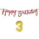 3rd Happy Birthday Decoration Kit Red for 3 Year Old Boys Girls Baby with Number Three Decorations Decor Celebration Items Item Set Combo Reusable Cursive Banner