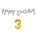 3rd Happy Birthday Decoration Kit Silver for 3 Year Old Boys Girls Baby with Number Three Decorations Decor Celebration Items Item Set Combo Reusable Cursive Banner