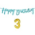 3rd Happy Birthday Decoration Kit Blue for 3 Year Old Boys Girls Baby with Number Three Decorations Decor Celebration Items Item Set Combo Reusable Cursive Banner