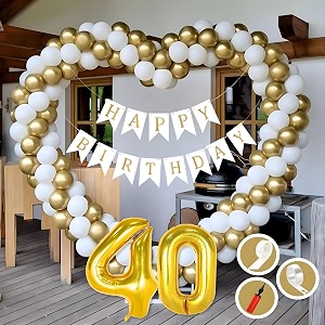 40th birthday decoration items for golden and white theme combination for boys girls  50 pcs gold white balloon  white birthday banner  balloon pump  arch tape  glue dots
