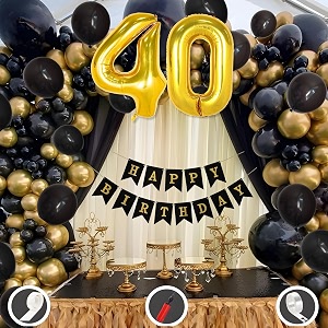40th birthday decoration items for black and gold theme combination for boys girls  50 pcs black gold balloon  black birthday banner  balloon pump  arch tape  glue dots