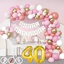 40th Birthday Decoration Items for Pink and White Theme Combination for Girls| 50 Pcs Pink White Gold Rose Gold Balloon| White Birthday Banner| Balloon Pump| Arch Tape| Glue Dots
