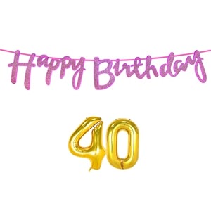 40th happy birthday decoration kit dark pink for 40 year old boys girls women with number forty decorations decor celebration items item set combo reusable cursive banner