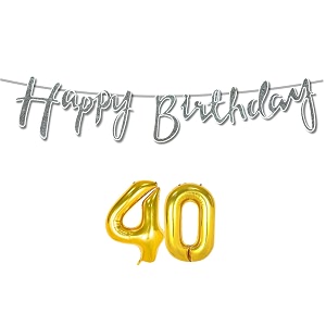 40th happy birthday decoration kit silver for 40 year old boys girls women with number forty decorations decor celebration items item set combo reusable cursive banner