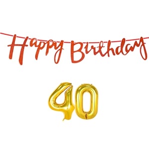 40th happy birthday decoration kit orange for 40 year old boys girls men with number forty decorations decor celebration items item set combo reusable cursive banner