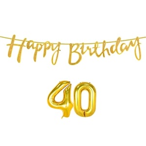 40th happy birthday decoration kit golden for 40 year old boys girls women with number forty decorations decor celebration items item set combo reusable cursive banner