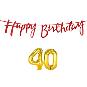 40th happy birthday decoration kit red for 40 year old boys girls women with number forty decorations decor celebration items item set combo reusable cursive banner