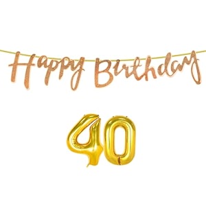 40th happy birthday decoration kit rose gold for 40 year old boys girls women with number forty decorations decor celebration items item set combo reusable cursive banner