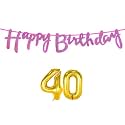 40th Happy Birthday Decoration Kit Dark Pink for 40 Year Old Boys Girls Women with Number Forty Decorations Decor Celebration Items Item Set Combo Reusable Cursive Banner