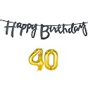 40th Happy Birthday Decoration Kit Black for 40 Year Old Boys Girls Men with Number Forty Decorations Decor Celebration Items Item Set Combo Reusable Cursive Banner