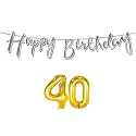 40th Happy Birthday Decoration Kit Silver for 40 Year Old Boys Girls Women with Number Forty Decorations Decor Celebration Items Item Set Combo Reusable Cursive Banner