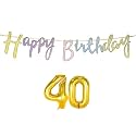40th Happy Birthday Decoration Kit Multicolour for 40 Year Old Boys Girls WoMen with Number Forty Decorations Decor Items Item Set Combo Reusable Cursive Banner