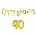 40th Happy Birthday Decoration Kit Golden for 40 Year Old Boys Girls Women with Number Forty Decorations Decor Celebration Items Item Set Combo Reusable Cursive Banner