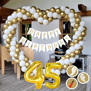 45th birthday decoration items for golden and white theme combination for boys girls  50 pcs gold white balloon  white birthday banner  balloon pump  arch tape  glue dots