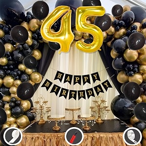 45th birthday decoration items for black and gold theme combination for boys girls  50 pcs black gold balloon  black birthday banner  balloon pump  arch tape  glue dots