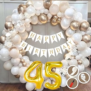 45th birthday decoration items for white and gold theme combination for boys girls  50 pc golden white orange balloon  white birthday banner  balloon pump  arch tape  glue dots