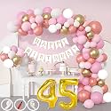 45th Birthday Decoration Items for Pink and White Theme Combination for Girls| 50 Pcs Pink White Gold Rose Gold Balloon| White Birthday Banner| Balloon Pump| Arch Tape| Glue Dots