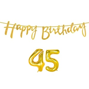 45th happy birthday decoration kit golden for 45 year old boys girls women with number forty-five decorations decor celebration items item set combo reusable cursive banner