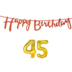 45th happy birthday decoration kit orange for 45 year old boys girl men with number forty-five decorations decor celebration items item set combo reusable cursive banner