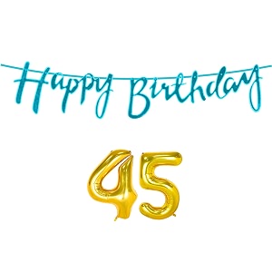 45th happy birthday decoration kit blue for 45 year old boys girls women with number forty-five decorations decor celebration items item set combo reusable cursive banner