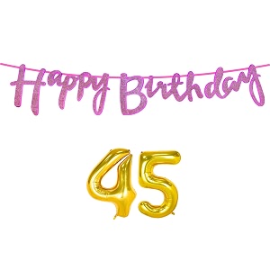 45th happy birthday decoration kit dark pink for 45 year old boys girls women with number forty-five decorations decor celebration items item set combo reusable cursive banner