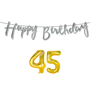 45th happy birthday decoration kit silver for 45 year old boys girls women with number forty-five decorations decor celebration items item set combo reusable cursive banner