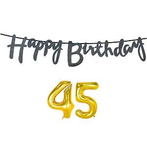 45th happy birthday decoration kit black for 45 year old boys girls men with number forty-five decorations decor celebration items item set combo reusable cursive banner