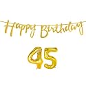 45th Happy Birthday Decoration Kit Golden for 45 Year Old Boys Girls Women with Number Forty-five Decorations Decor Celebration Items Item Set Combo Reusable Cursive Banner