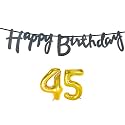 45th Happy Birthday Decoration Kit Black for 45 Year Old Boys Girls Men with Number Forty-five Decorations Decor Celebration Items Item Set Combo Reusable Cursive Banner