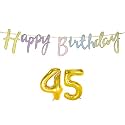 45th Happy Birthday Decoration Kit Multicolour for 45 Year Old Boys Girls Men with Number Forty-five Decorations Decor Items Item Set Combo Reusable Cursive Banner