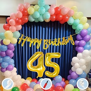 45th multicolour birthday decoration items for boys girls kids mens women  60 pcs mix color balloons  gold cursive glitter birthday banner  balloon pump  arch tape  glue dots