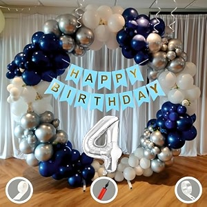 4th birthday decoration items for blue and white theme combination for boys girls  50 pcs blue white silver balloon  blue birthday banner  balloon pump  arch tape  glue dots