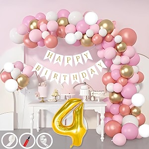 4th birthday decoration items for pink and white theme combination for girls 50 pcs pink white gold rose gold balloon white birthday banner balloon pump arch tape glue dots