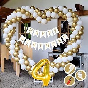 4th birthday decoration items for golden and white theme combination for boys girls  50 pcs gold white balloon  white birthday banner  balloon pump  arch tape  glue dots